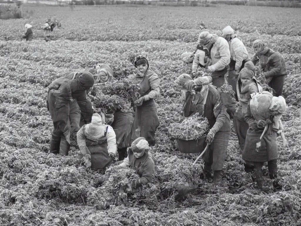 Prompt: potato harvesting in finnish farm, 1 9 6 6, home album pocket camera photo, detailed facial features, hyper realistic