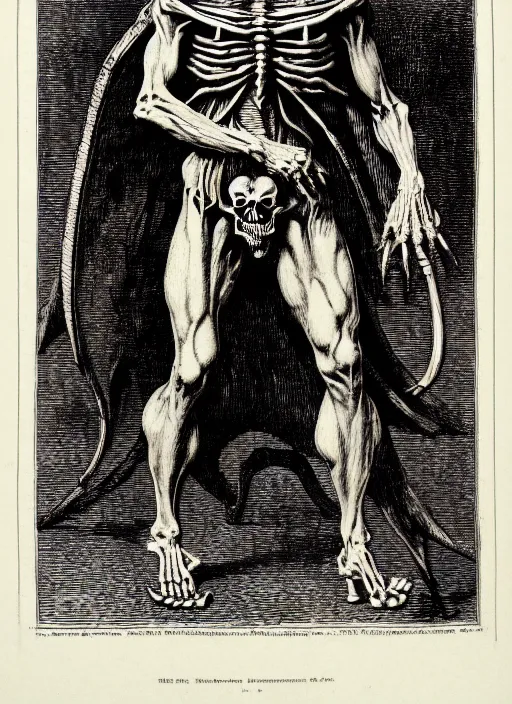 Image similar to illustration of motu's skeletor as a demon from the dictionarre infernal, etching by louis le breton, 1 8 6 9, 1 2 0 0 dpi scan, ultrasharp detail, clean scan