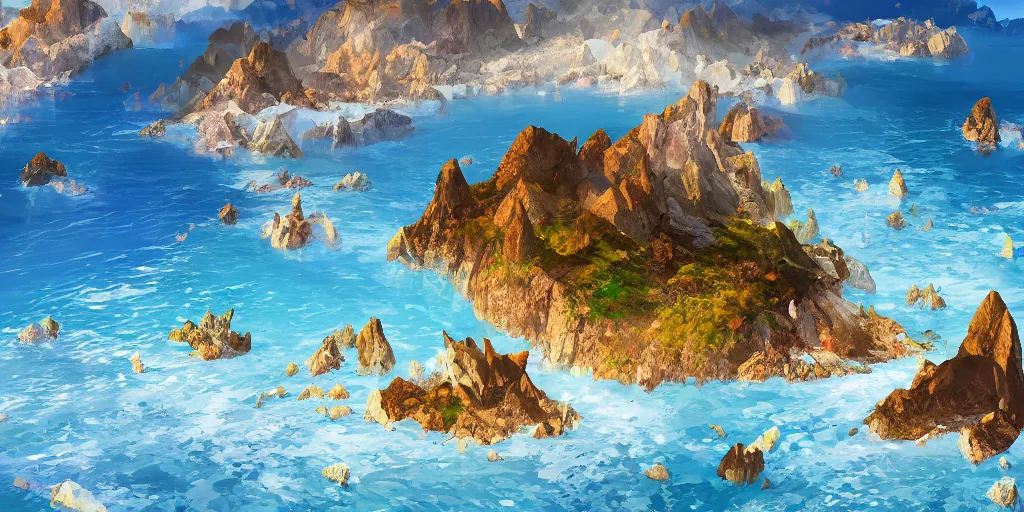 Prompt: salt covered islands surrounded by sheer colourful quartz cliffs, illustration, bright sunlight, sun glints, sunrays, digital art, oil painting, fantasy, 8 k, trending on artstation, detailed