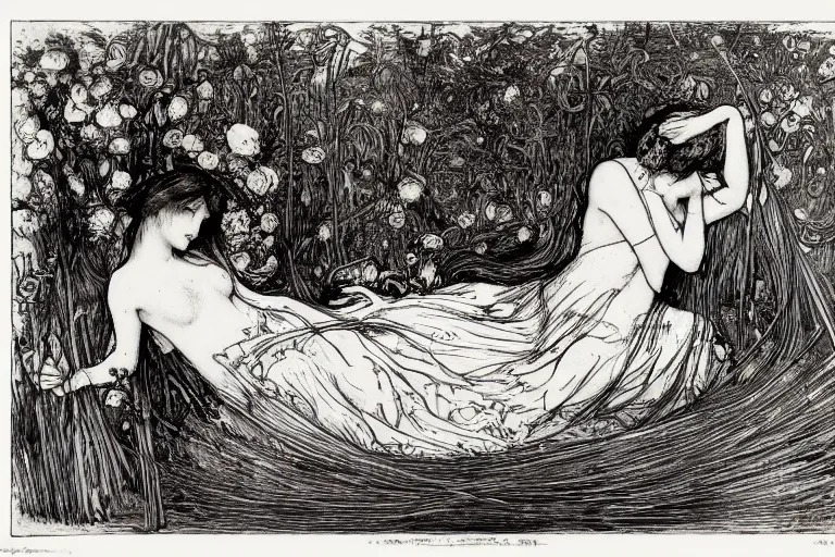 Image similar to ophelia by john everett millais, floating in the water, surrounded by water reeds and flowers, illustrated in the style of aubrey beardsley, black ink, decadent, intricate line art