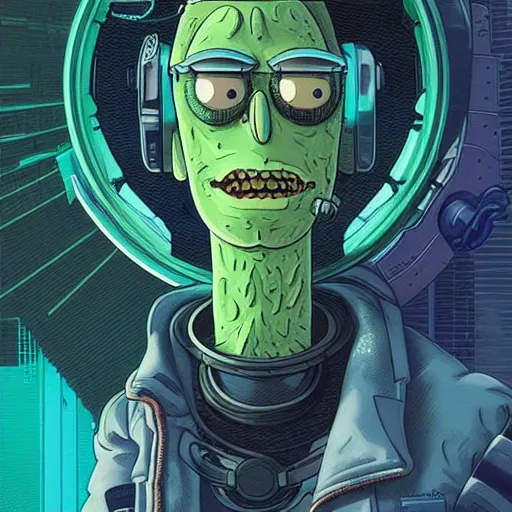 Prompt: pickle rick sanchez cyberpunk portrait by gaston bussierre and charles vess and james jean and erik jones and rhads, inspired by ghost in the shell, beautiful fine face features, intricate high details, sharp, ultradetailed