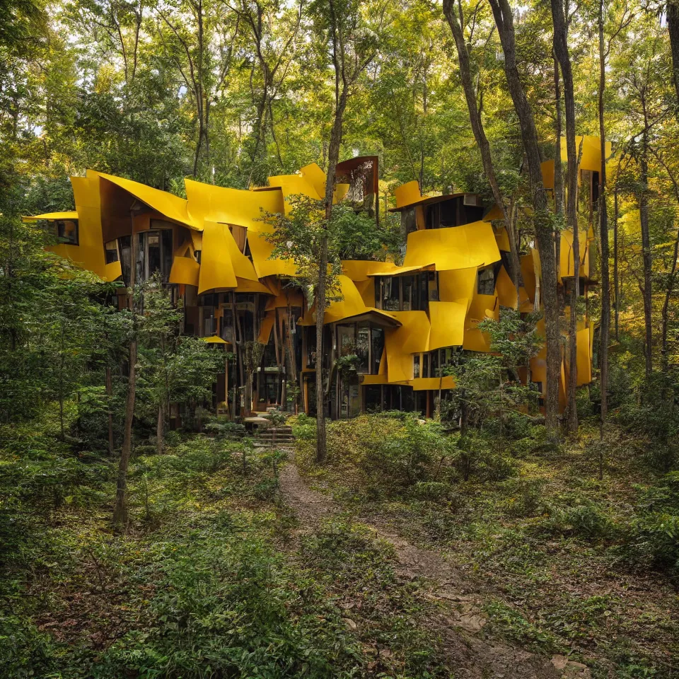 Prompt: a leveled house in a forest, designed by Frank Gehry. Tiles. Gravel pathway with parking. Film grain, cinematic, yellow hue