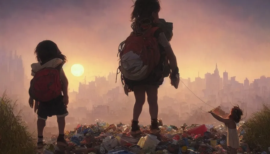 Prompt: poor detailed child with backpack looking for food at garbage dump, city is pure wasteland, sunset in background, detailed characters, alphonse mucha, greg rutkowski, trending on artstation, artgerm, breathtaking, sharp focus, smooth, mark arian, award winning, highly detailed 4 k art