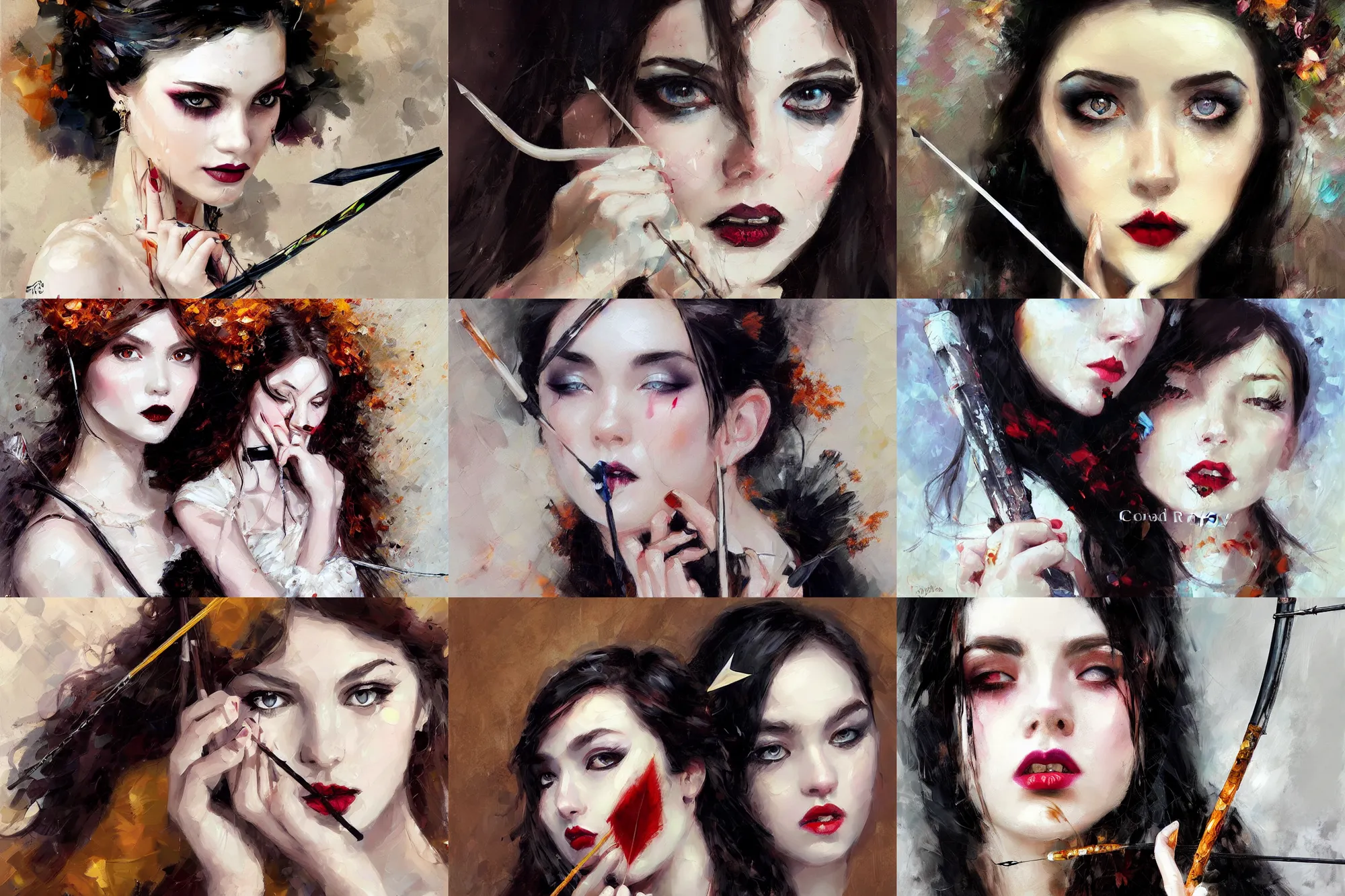 Prompt: fragile girl holding an arrow, victorian goth, white powder makeup, dark lipstick, asian, amber jewelry, expressive oil painting, digital art, high quality, by michael garmash, by rob rey, by conrad roset, beautiful girl