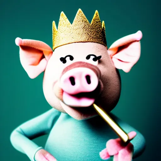 Image similar to !dream studio photograph of a pig wearing a gold crown eating bacon depicted as a muppet