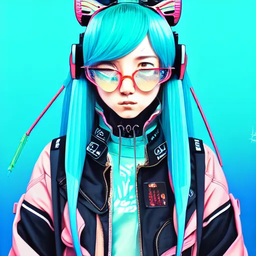 Image similar to high quality high detail 3 / 4 portrait of a hatsune miku as diesel punk character in an futuristic world, techwear, tristan eaton, victo ngai, artgerm, rhads, ross draws, hyperrealism, intricate detailed, alphonse mucha, pastel colors, vintage, artstation