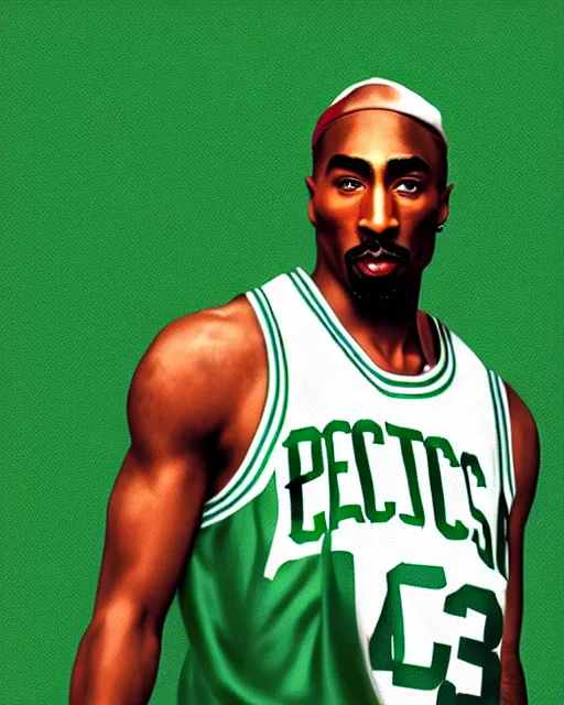 Image similar to portrait of tupac shakur, boston celtics jersey number 3 4, green, white, cartoon digital art, oil on canvas, trending on artstation, octane render