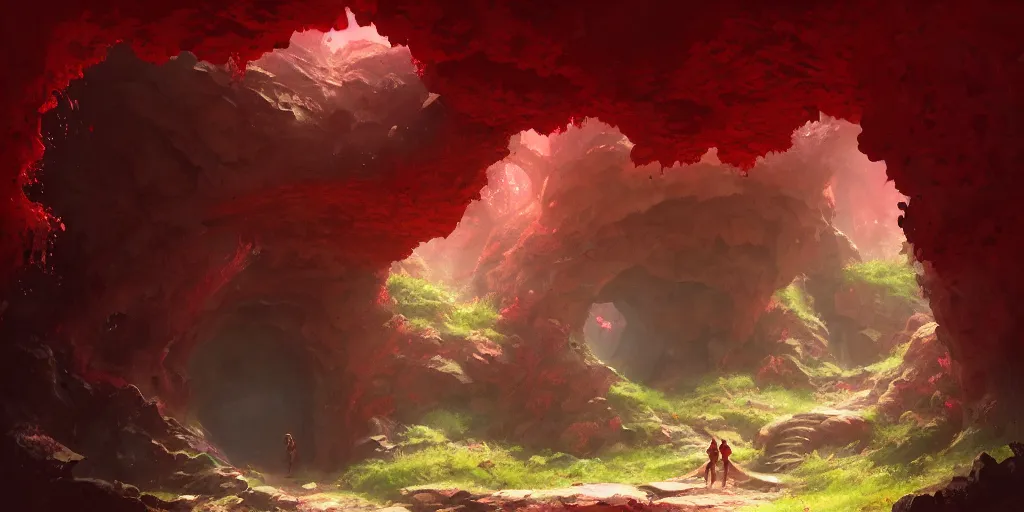 Image similar to entrance to small cave inside the forest, red crystals. In style of Greg Rutkowski, Jesper Ejsing, Makoto Shinkai, trending on ArtStation, fantasy, great composition, concept art, highly detailed, scenery, 8K, Behance.