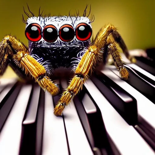 Prompt: a jumping spider pressing his tiny keyboard keys, by pixar, macro lens, iridescent, character concept art grid