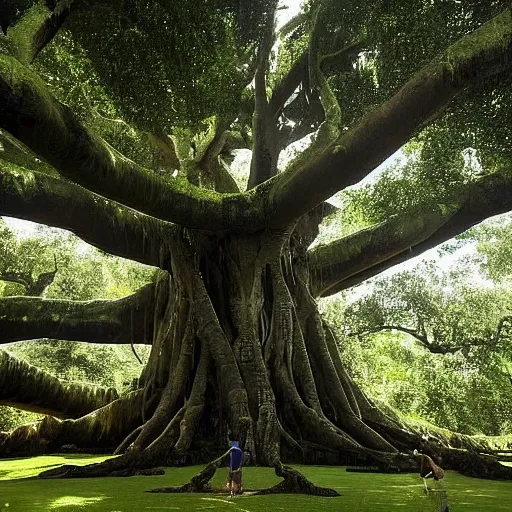 Prompt: The humans live on the edge of extinction, within the canopy layer of a giant banyan tree that covers the continent on the day side of the Earth