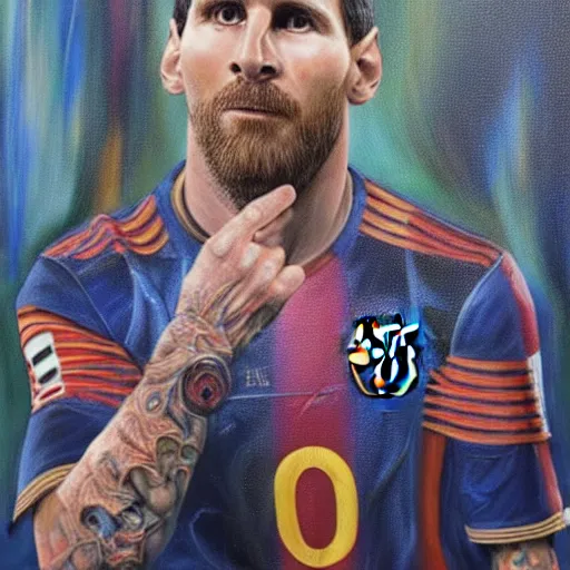 Prompt: portrait of lionel messi as a cyborg, oil painting, mechanical parts, soccer ball, intricate, detail