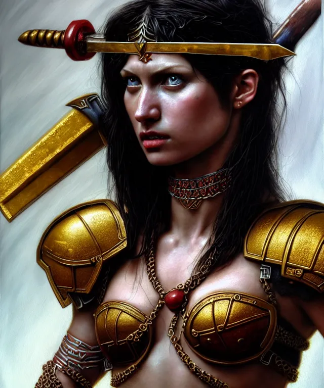 Prompt: hyperrealistic mixed media painting of a beautiful young female barbarian, stunning 3d render inspired art by P. Craig Russell and Barry Windsor-Smith + perfect facial symmetry + dim volumetric lighting, dark black hair, pale skin, ornate crimson armor with gold trim, dizzy, full body, confident heroic pose, arms crossed, d&d, 8k octane beautifully detailed render, post-processing, extremely hyperdetailed, intricate, epic composition, grim yet sparkling atmosphere, cinematic lighting + masterpiece, trending on artstation, very very detailed, masterpiece, stunning