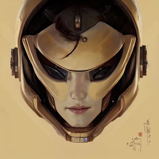 Image similar to portrait painting of asian woman in mecha helmet, by artgerm and greg rutkowski and alphonse mucha, ultra realistic, concept art, intricate details, highly detailed, photorealistic, octane render, 8 k, unreal engine