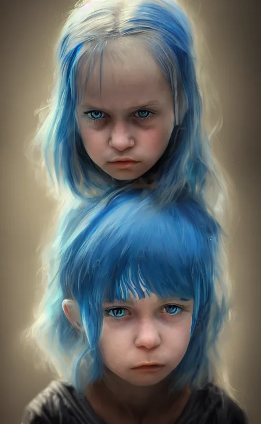 Image similar to little angry girl with blue hair, by Ilya Bondar, 4k, digital art, ultra realistic, ultra detailed, concept art, trending on artstation