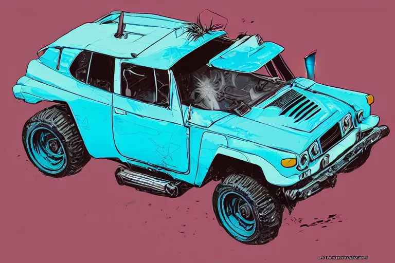 Image similar to digital illustration of a futuristic faded cyan mad max's fj 4 0 decrepit!!!! pursuit special, rusty!!! cyberpunk nissan fj cruiser heavily modded 1 9 9 0 s, the last v 8 interceptor by makoto shinkai, ilya kuvshinov, lois van baarle, rossdraws, basquiat