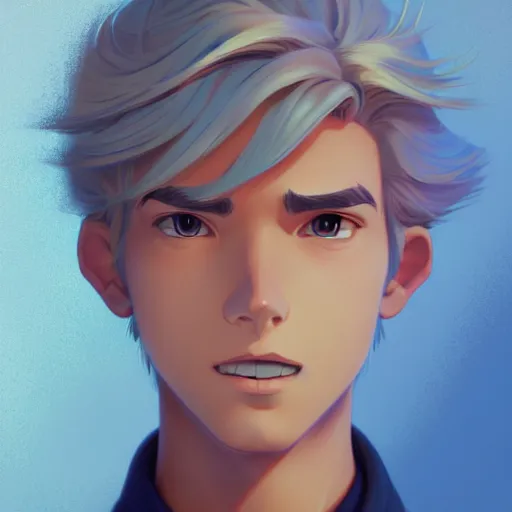 Image similar to young man with short, ash blond greyish hair, path traced, highly detailed, high quality, digital painting, by don bluth and ross tran and studio ghibli and alphonse mucha, sylvain sarrailh