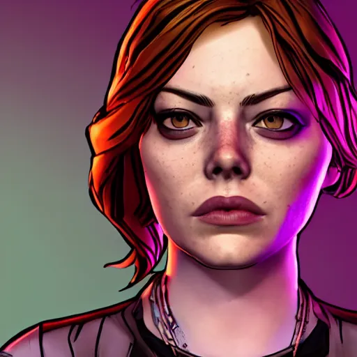 Image similar to emma stone carter portrait, borderlands, tales from the borderlands, the wolf among us, comic, cinematic lighting, studio quality, 8 k