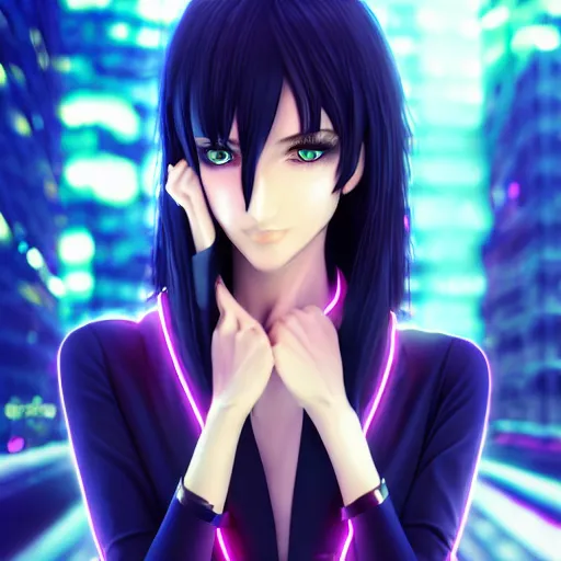 Prompt: lelouch lamperouge in a neon city, octane render 8 k, photorealistic render, atmospheric render, beautiful face, cute, realistic skin, professional photography, realistic reflections, beautiful woman