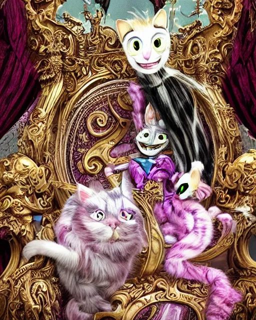 Prompt: 'cheshire cat' from 'alice in wonderland' as elden lord, sitting on throne, background is ornate castle in rococo style, beautiful architecture, falling hearts, flowers