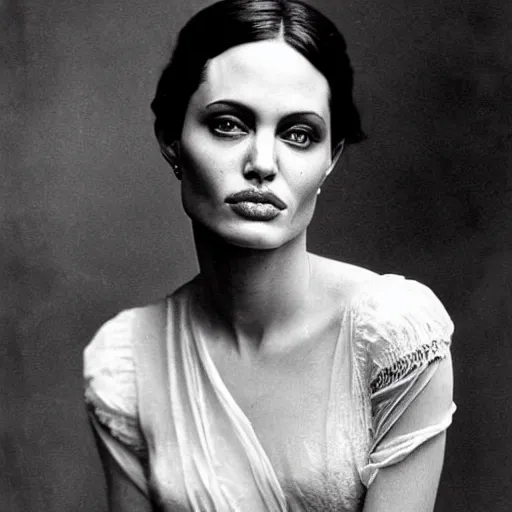 Image similar to victorian photograph of angelina jolie, 1 8 9 0 s photography, 1 9 0 0, graceful, realistic face, symmetrical face, studio photograph, grainy, edwardian, old photo