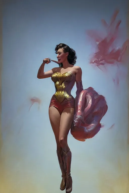 Image similar to a highly detailed epic cinematic concept art CG render digital painting artwork painting: Gal Gadot as a pinup girl from the 1950s. volumetric lighting. By Greg Rutkowski, in the style of Francis Bacon and Syd Mead and Norman Rockwell and Beksinski, open ceiling, highly detailed, painted by Francis Bacon and Edward Hopper, painted by James Gilleard, surrealism, airbrush, Ilya Kuvshinov, WLOP, Stanley Artgerm, very coherent, triadic color scheme, realistic facial expression, art by Takato Yamamoto and James Jean