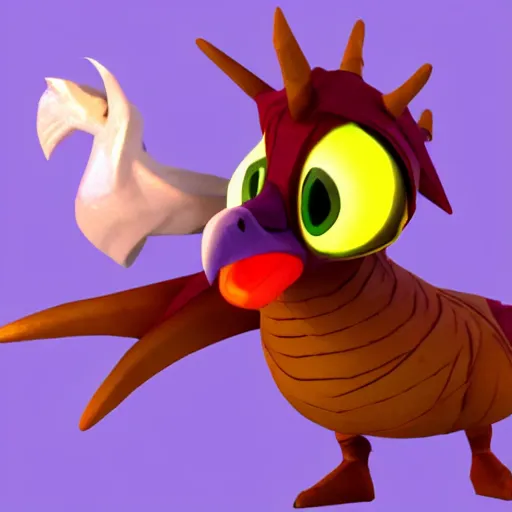 Image similar to character 3 d concept art page of a cute wacky humanoid goose with a coat as an enemy in spyro the dragon video game concept art, spyro trilogy remaster concept art, playstation 1 era graphics, activision blizzard style, 4 k resolution concept art