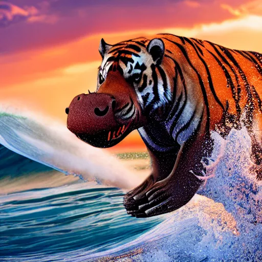 Image similar to a closeup photorealistic photograph of a smiling cute tiger hippopotamus riding a large wave during sunset. surf in the background. professional capture. brightly lit scene. this 4 k hd image is trending on artstation, featured on behance, well - rendered, extra crisp, features intricate detail, epic composition and the style of unreal engine.