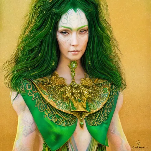 Image similar to a beautiful woman wearing a green kaftan made of silk with golden ornaments by alex gray and android jones , Karol Bak, Ayami Kojima, Amano , concept art, character design, fantasy,3D, 8k resolution