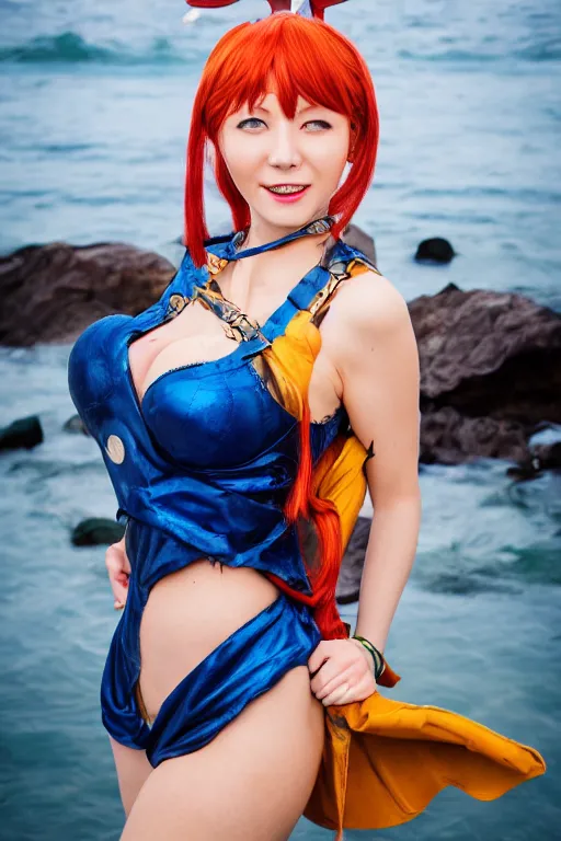 Image similar to A full portrait photo of real-life nami one piece, f/22, 35mm, 2700K, lighting.