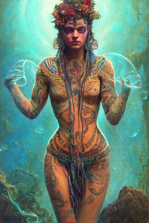 Prompt: a centered full body render of an alluring festival hippy with tribal tattoos surrounded by a underwater ink pour and flowing liquid gallium and sacred geometry, perfect body and face, gorgeous, cinematic, beautifully lit, by gaston bussiere, by karol bak, by donato giancola, 3 d, trending on artstation, octane render, 8 k
