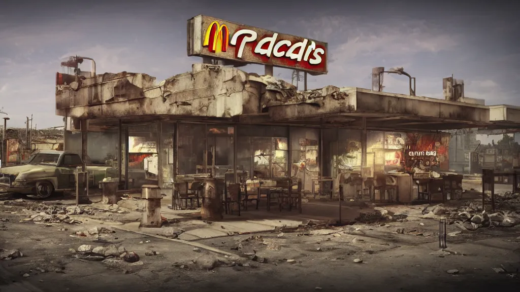 Prompt: post apocalyptic McDonalds::0, fallout, wasteland, octane render, 8k