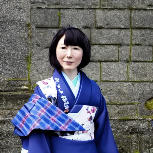 Image similar to photo of a japanese - scottish woman wearing an outfit that combines scottish and japanese cultural motifs