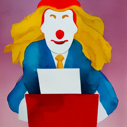 Image similar to donald trump as sad ronald mcdonald holding paper bag, watercolor, vignette