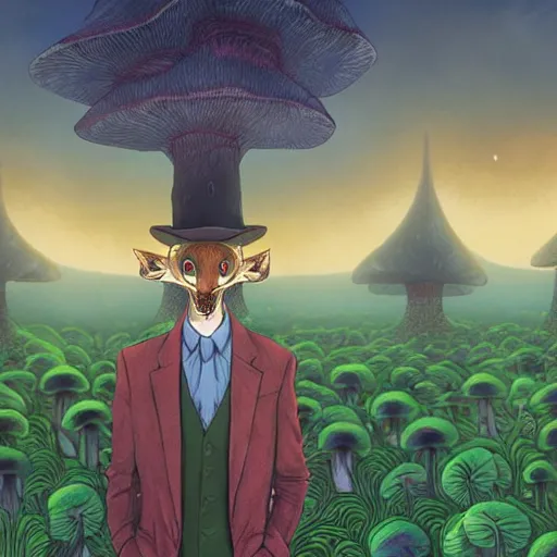 Image similar to a centered chest up portrait of a psychedelic demonic anthropomorphic forest animal in a suit smoking a hand - rolled cigarette smoking heavily, magic mushroom village in background. award winning. superb resolution. in the art style of junji ito and greg rutkowski. detailed mushroom city in background. hyper realistic anime. perfect art. dalle 2