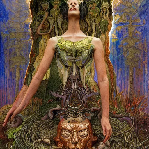 Image similar to robot seizes the forest crown, by Annie Swynnerton and Diego Rivera and Elihu Vedder, symbolist, dramatic lighting, elaborate geometric ornament, tattoos, Art Brut, soft cool colors,smooth, sharp focus, extremely detailed, Adolf Wölfli and Donato Giancola