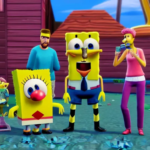 Image similar to SpongeBob with real sims in the sims 4 game, hyper realism, depth of view 8k. , connected trough wired, on a advanced lab, octane render, 4k, 8k, unreal 5, very detailed, hyper realism, trending on artstation.