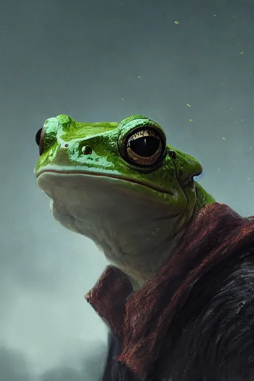 Image similar to a fancy portrait of a frog by Greg Rutkowski, Sung Choi, Mitchell Mohrhauser, Maciej Kuciara, Johnson Ting, Maxim Verehin, Peter Konig, Bloodborne , 8k photorealistic, cinematic lighting, HD, high details, atmospheric , trending on artstation