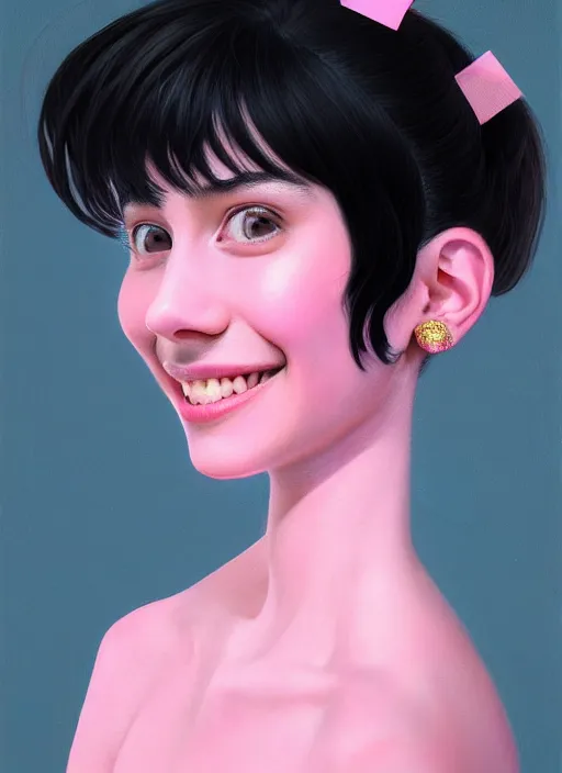 Image similar to portrait of teenage girl, narrow face, black hair, bangs, half updo hairstyle, skinny, big nose, smile, unattractive, defined jawline, big chin, wearing pink hair bow, earrings, intricate, elegant, glowing lights, highly detailed, digital painting, artstation, sharp focus, illustration, art by wlop, mars ravelo and greg rutkowski