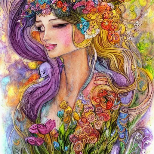 Image similar to a painting of a a woman with flowers in her hair, a storybook illustration by josephine wall, watercolor, deviantart, metaphysical painting, storybook illustration, detailed painting, whimsical, psychedelic art