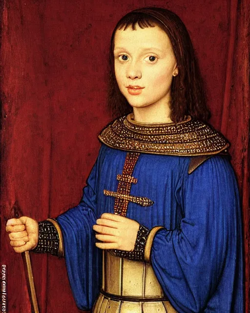 Image similar to medieval portrait of millie bobby brown dressed as a knight, in the style of eugene de blaas