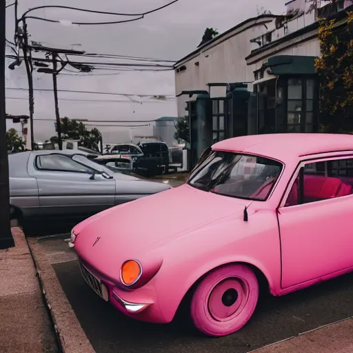 Image similar to a pink car parked in a ping garage