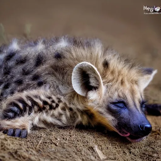 Prompt: very cute baby hyena sleeping, warm, cozy, realistic photograph, detailed