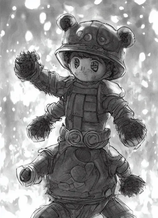 Image similar to beautiful little boy wearing an cyborg bear suit, artwork in kentaro miura and made in abyss and rosdraws, smooth, beautiful lightness, anatomically correct, trending on pixiv, forest