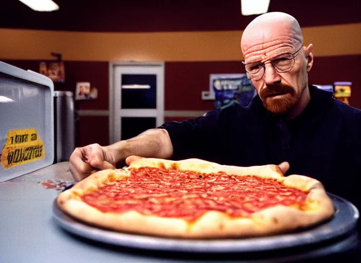 Image similar to walter white eating pizza at chuck - e - cheese, dramatic lighting, film still from breaking bad ( 2 0 1 0 ), 3 5 mm kodak, 2 4 mm lens, directed by rian johnson