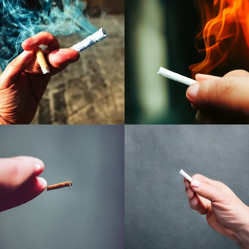 Prompt: Close-up of real hand holding cigarette with smoke, realistic photo, 4K