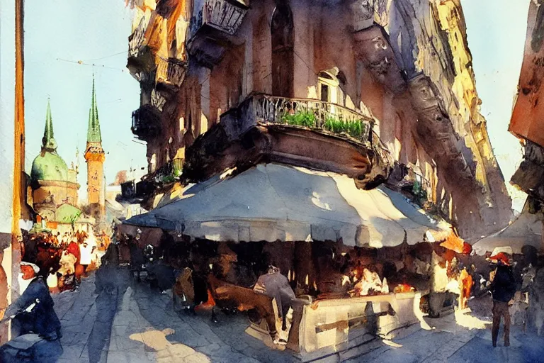 Prompt: abstract watercolor painting of stockholm street, summer, magical and traditional, cinematic light, cafe, sharp shadows, daylight, national romanticism by anders zorn, by greg rutkowski, by greg manchess