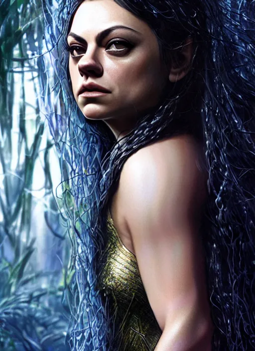 Prompt: photo of a mila kunis as medusa in the style of stefan kostic, realistic, half body shot, sharp focus, 8 k high definition, insanely detailed, intricate, elegant, art by stanley lau and artgerm, extreme bokeh foliage