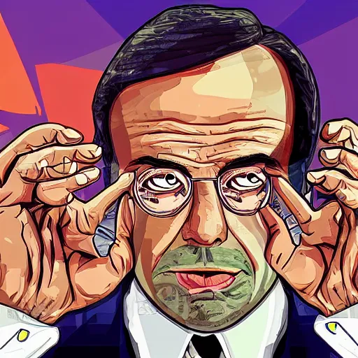 Prompt: delusional trippy conspiracy theorist person illustrated in the style of a GTA V poster, detailed, closeup