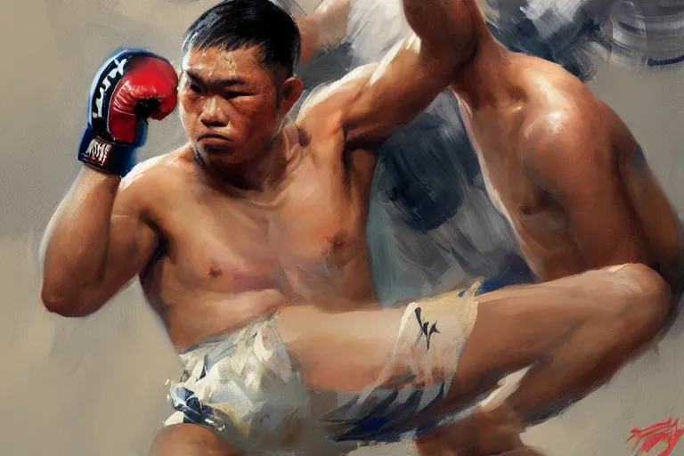 Prompt: greg manchess portrait of a filipino mma fighter defeated on the ground in an arena battle, organic painting, sunny day, matte painting, bold shapes, hard edges, street art, trending on artstation, by huang guangjian, gil elvgren, ruan jia, randy vargas, greg rutkowski