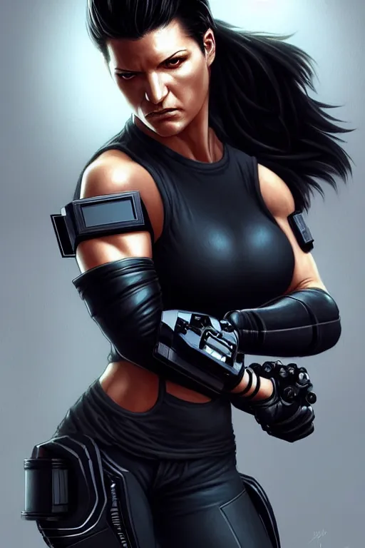 Prompt: gina carano with robotic left arm, casual black clothing, muscular, casual pose, large portrait, cyberpunk, digital painting, artstation, concept art, smooth, 8 k frostbite 3 engine, ultra detailed, art by artgerm and greg rutkowski and magali villeneuve